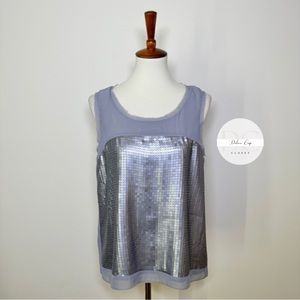 NWOT Ann Taylor Loft Sequin Gray Silver Scoop Neck Blouse LP petites